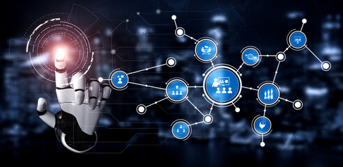 A robotic hand reaches towards a digital interface displaying interconnected icons, illustrating the fusion of technology and human interaction in a futuristic landscape. Tessel