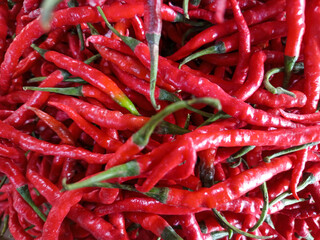 A vibrant cascade of fiery red chili peppers, their wrinkled skins and green stems creating a striking contrast. A hot and spicy sight that promises intense flavor and heat.