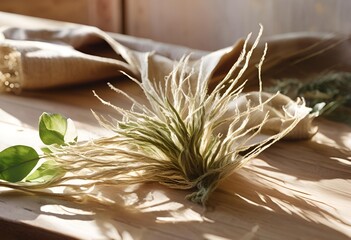 Plant Fibers close-up of delicate green and beige plant fibers and fresh leaves arranged on a wooden table. 