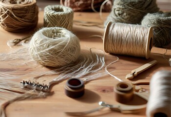 Craft Supplies overhead view of natural yarn, spools, weaving tools, and fibers laid out on a wooden table. 