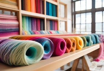 Colorful Yarn beautiful display of vibrant, colorful yarn spools lined up on a wooden table in a well-lit craft studio. 