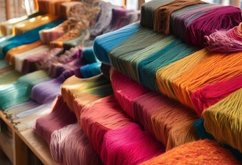 Textile Hues dynamic, colorful display of vibrant, stacked, and layered dyed textile fibers and fabrics in a variety of hues. 