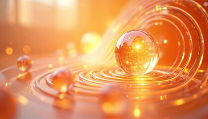 Abstract glowing orange background features transparent spheres, concentric glass rings. Dynamic 3D render represents modern innovation, scientific data, digital healthcare. Visualizes future