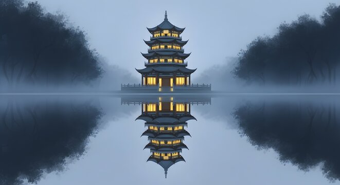 Pagoda reflection on misty lake hangzhou china serene asian landscape