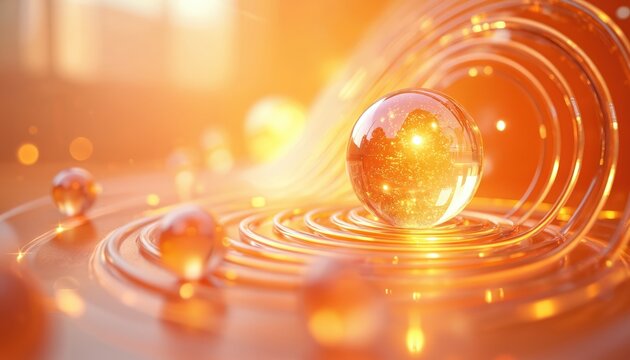 Abstract glowing orange background features transparent spheres, concentric glass rings. Dynamic 3D render represents modern innovation, scientific data, digital healthcare. Visualizes future