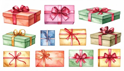 Watercolor Gift Boxes with Ribbons - Festive Holiday Presents.