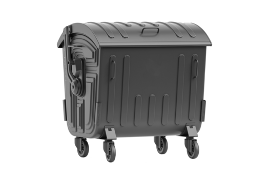 Gray metal wheeled trash bin isolated on transparent background