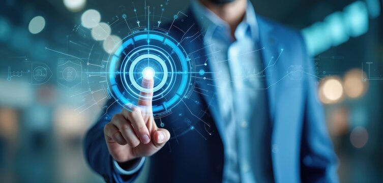 Man in blue suit touches virtual target icon. Businessman interacts with digital interface. Futuristic technology background with graphs and charts. Man finger presses on glowing circle.
