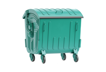 Green industrial waste bin with wheels isolated on transparent background