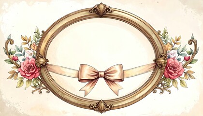 Elegant Oval Frame with Floral Accents and Ribbon Bow.