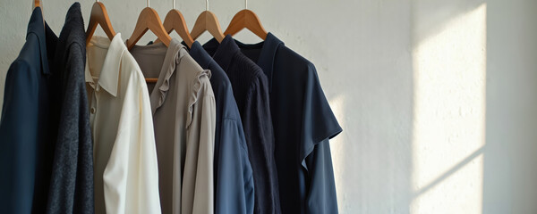 Wooden hangers hold elegant women clothes. A selection of modern apparel hangs on a clothes rack. Neutral colors present a minimalist capsule wardrobe. Sustainable fashion concept display.