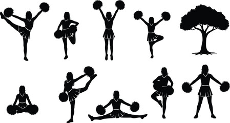 Cheerleader silhouette poses with pom poms, energetic dance movements, athletic cheerleading girls performing routines, fitness activity illustration, black vector design