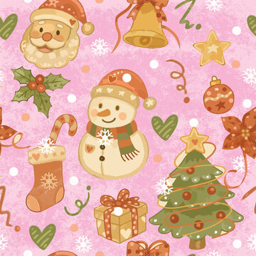 Watercolor cute christmas on pink background seamless pattern