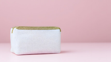 vanity. Cosmetic bag placed elegantly against a pink background, product showcase, clean and simple composition. lifestyle magazines.