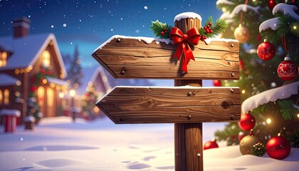 Festive Wooden Signpost in a Snowy Winter Wonderland Scene.