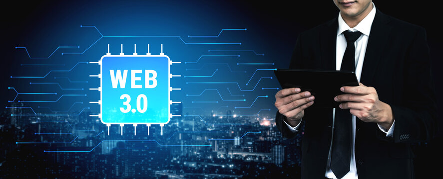 The hardware and processing technology behind Web 3.0. A concept of the computer chip and circuit board infrastructure that powers the new internet. Motif