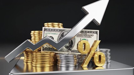 Financial growth concept with upward arrow, dollar bills, gold coins, and percentage symbol on a platform - Powered by Adobe