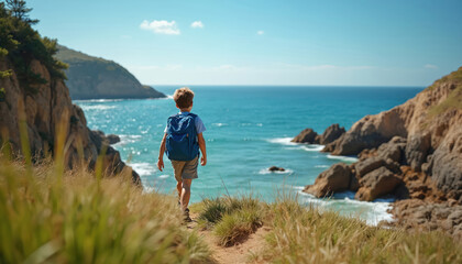 Little boy with curly hair hikes winding trail path along steep rocky sea coast. Wears blue backpack, looks at clear blue ocean. Sunny summer adventure. Child explores beautiful nature, discovers