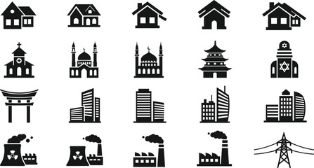 Collection of diverse building, religious temple, industrial factory, and power infrastructure icons in black silhouette style for design, illustration, and branding use