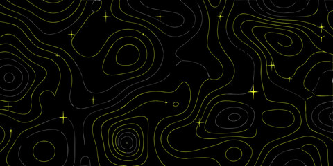 Abstract topographic map with yellow and white lines on black background