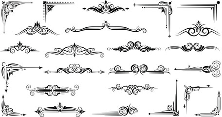 Collection of elegant vintage ornamental borders and decorative flourishes, classic corner elements, swirl dividers, vector design accents for invitations and branding