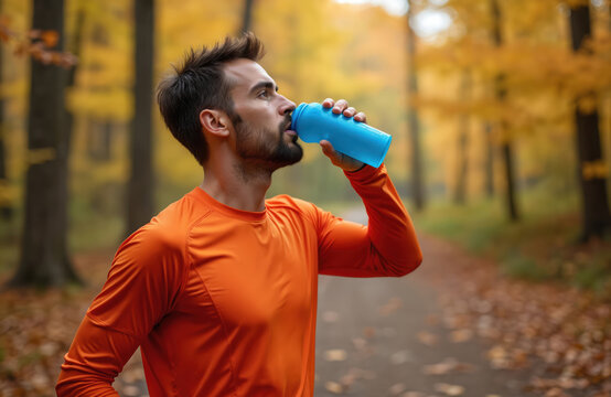 Man drinks blue bottle water after run in autumn forest. Athlete rests, rehydrates, enjoys cool air after workout. Runner needs drink, healthy recovery.