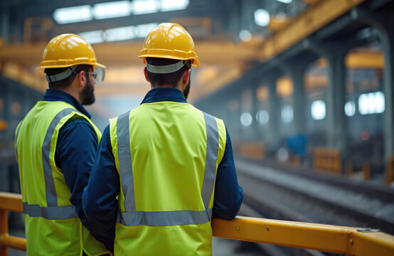 Two men wearing protective gear stand in a steel factory. They are supervisors or engineers observing the production process. The workers wear helmets vests ensuring safety.