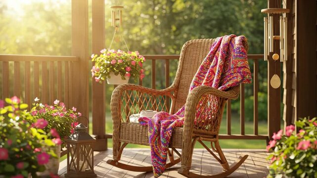 A wicker rocking chair on a sunlit porch with blooming flower pots creates a peaceful outdoor retreat perfect for relaxing amid nature.