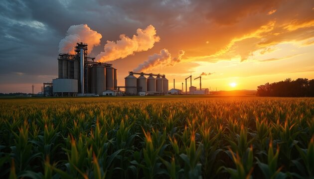 Industrial grain storage complex at sunset with cornfields. Modern agriculture technology, silos. Manufacturing plant in rural area. Food processing production facility. Eco farming for food supply.