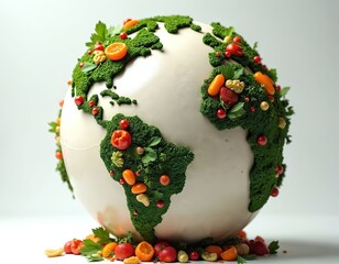 Earth globe shows continents made of food. Fruits and vegetables make up map on ball. Concept of eco planet saving, zero waste, food production, agriculture, reuse, healthy eating.