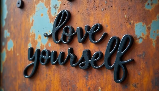 Black metal script letters spell love yourself on weathered rusty metal surface with teal undertones. Inspiring message creates strong contrast, offering positive affirmations and self care themes. - Powered by Adobe