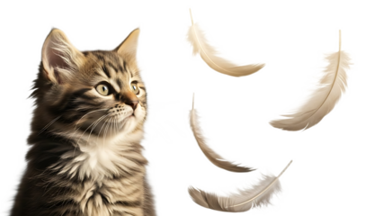 A fluffy brown tabby kitten looking up at floating feathers against a black background in a studio shot
