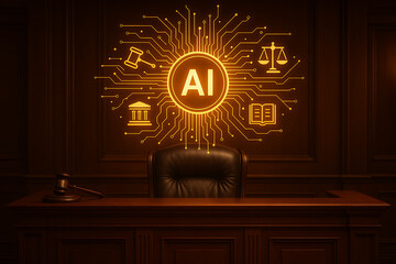 Artificial intelligence (ai) technology integration in the judicial and legal system is represented by a glowing circuit board with legal symbols floating above a judge's desk and gavel