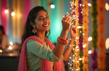 Young woman decorates office. Indian lady smiles at camera. Wears traditional clothes. Diwali festival celebration at workplace. Corporate employee prepares decorations. Happy adult female enjoying