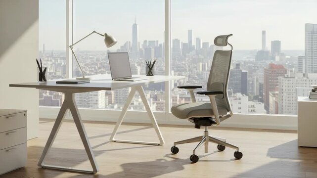 Contemporary office workspace featuring a sleek ergonomic chair and minimalist desk setup with a city skyline view in the background.