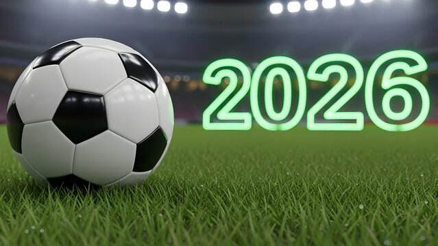 soccer ball on grass, A black and white soccer ball on a green grass field with brightly glowing green numbers 2026