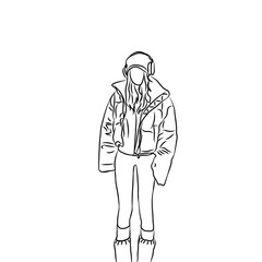 Casual Woman Wearing Headphones and Winter Jacket Line Art
 
