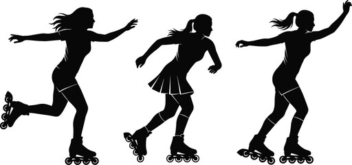 Silhouette illustration of active women roller skating in dynamic motion poses showing outdoor fitness, energy, speed, balance, and healthy lifestyle activity
