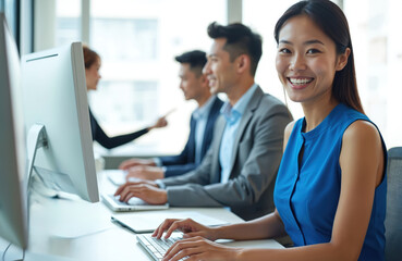 Asian business team works on computers in modern bright office space. Young woman smiles, types on keyboard. Colleagues behind collaborate, discuss, point at screen. Productive diverse work