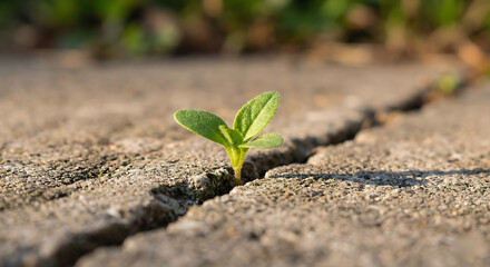 Small green plant sprouting through concrete crack representing resilience and growth