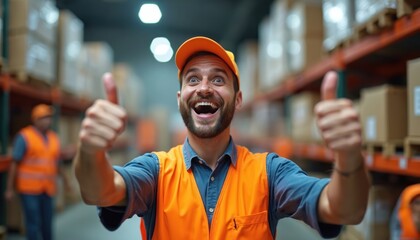 Warehouse worker celebrates success with two thumbs up. Cheerful man in orange vest and cap expresses extreme happiness and excitement. Colleagues work in background at industrial storage facility.