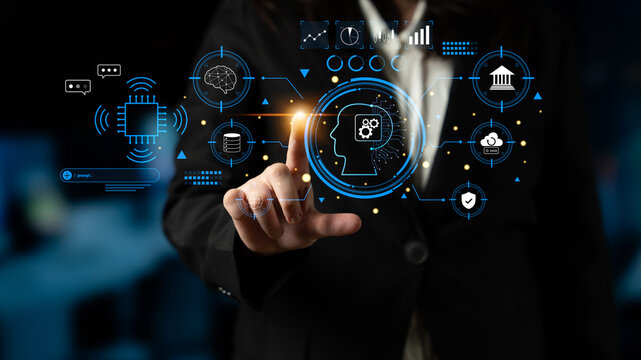 An advanced AI system for business and financial analysis. A futuristic interface for commanding an AI to process data from various domains. Motif