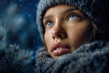 Person looking at falling snow. Illustration of hope and wonder.