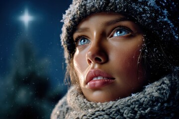 Person looking at falling snow. Illustration of hope and wonder.