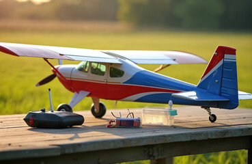 Red blue white RC airplane model sits on wooden bench. Remote control radio, power battery pack nearby. Model aircraft hobbyist prepares plane for flight in green field at golden hour. Leisure