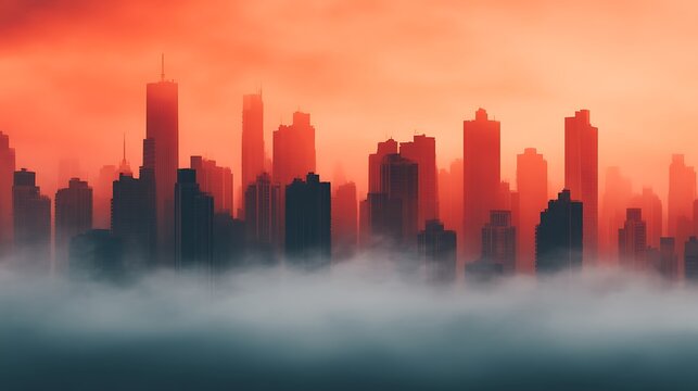 A striking skyline emerges from fog against a dramatic orange and red sky, showcasing towering buildings shrouded in mist.