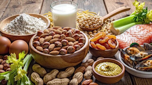 Common food allergens and ingredients displayed on a rustic wooden table, including nuts, dairy, eggs, and seafood