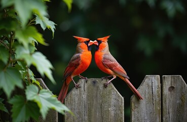 Two red cardinals perched on a wooden fence, heads tilted together, appear to be kissing. This pair of birds shows clear affection and connection against a blurred green background.