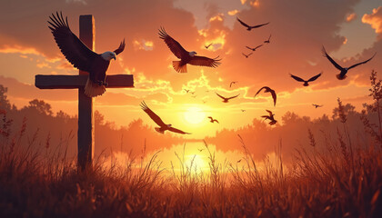 Cross silhouette with flying eagles at vibrant sunset sky on nature background. Faith, religion, spirituality, hope. Evangelical christianity concept for praise, worship in church service at easter