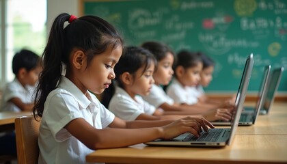 Young Indian students in white shirts learn using laptops in a classroom. Children focus on their screens with a doodle filled chalkboard in background. Progress in digital education.